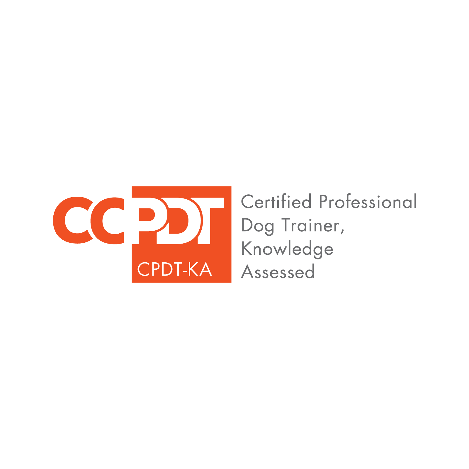 Certification badge for a professional dog trainer with the text 'CCDT Certified Professional Dog Trainer, Knowledge Assessed' and 'CPDT-KA' on an orange and white background.
