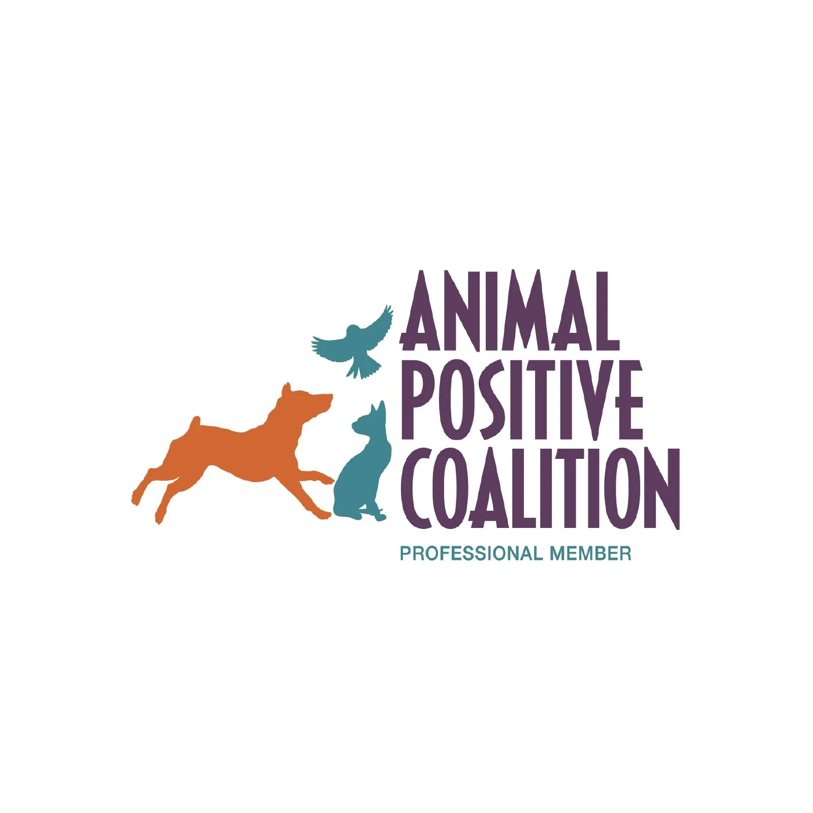 Logo for Animal Positive Coalition with silhouettes of a dog, cat, and bird, and text indicating professional membership.
