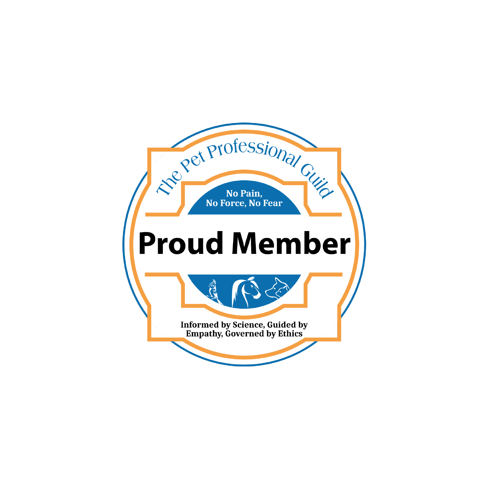 Badge for The Pet Professional Guild reading 'Proud Member' with slogans 'No Pain, No Force, No Fear' and 'Informed by Science, Guided by Empathy, Governed by Ethics'.