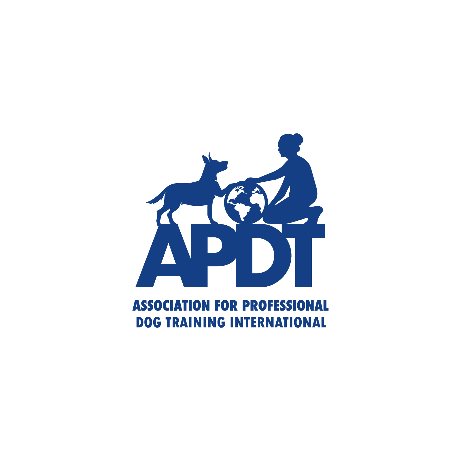 Logo of the Association for Professional Dog Training International featuring a silhouette of a woman and a dog with a globe in the center, and the organization's acronym 'APDT' below, with the full name written underneath.