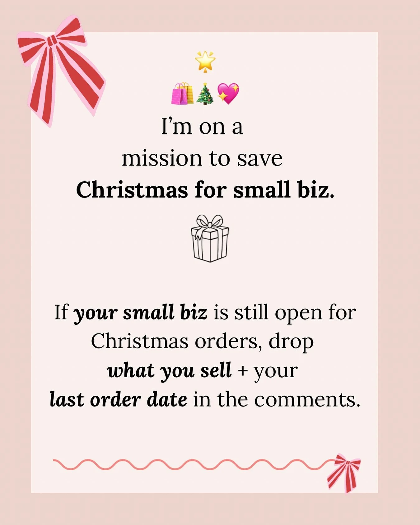 If your small biz is still open for Christmas orders, this is your moment. Drop what you sell and your last order date in the comments so people can find you while there&rsquo;s still time. 

I&rsquo;m on a mission to get your small business seen and