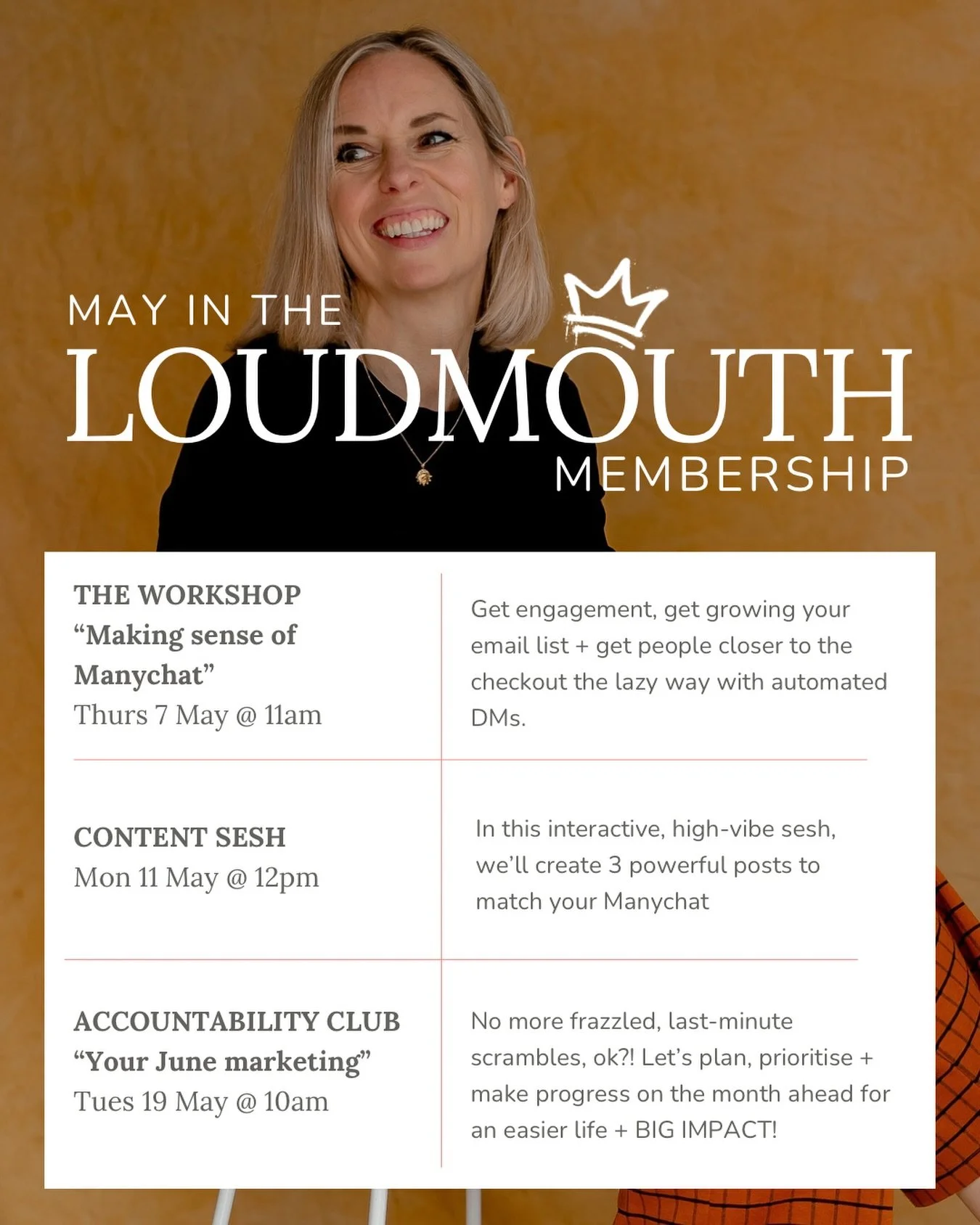 May is Manychat Month in the Loudmouth Membership and I can&rsquo;t wait to reveal ALL about this genius, lazy little side-kick that&rsquo;s powering my biz while I fanny around on reels and spend gorgeous time chatting to you guys.

I can&rsquo;t te