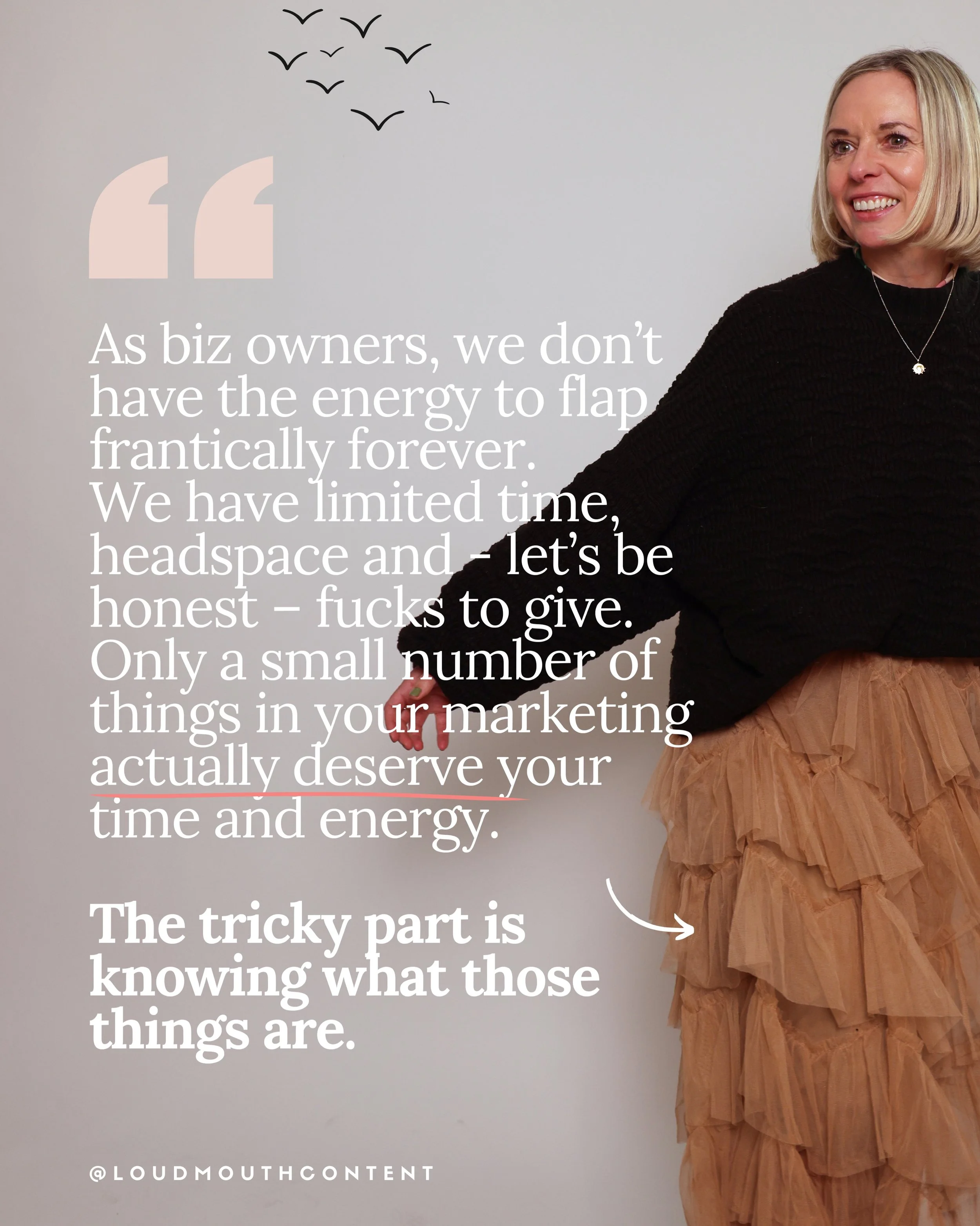 Back in Feb, after many, MANY pleas for 1:1s, I opened up High Flying Birds - a new, private marketing mentoring experience dedicated to small business owners who are done flapping and are ready to soar.

Each week we chat, 1:1, as together we build 