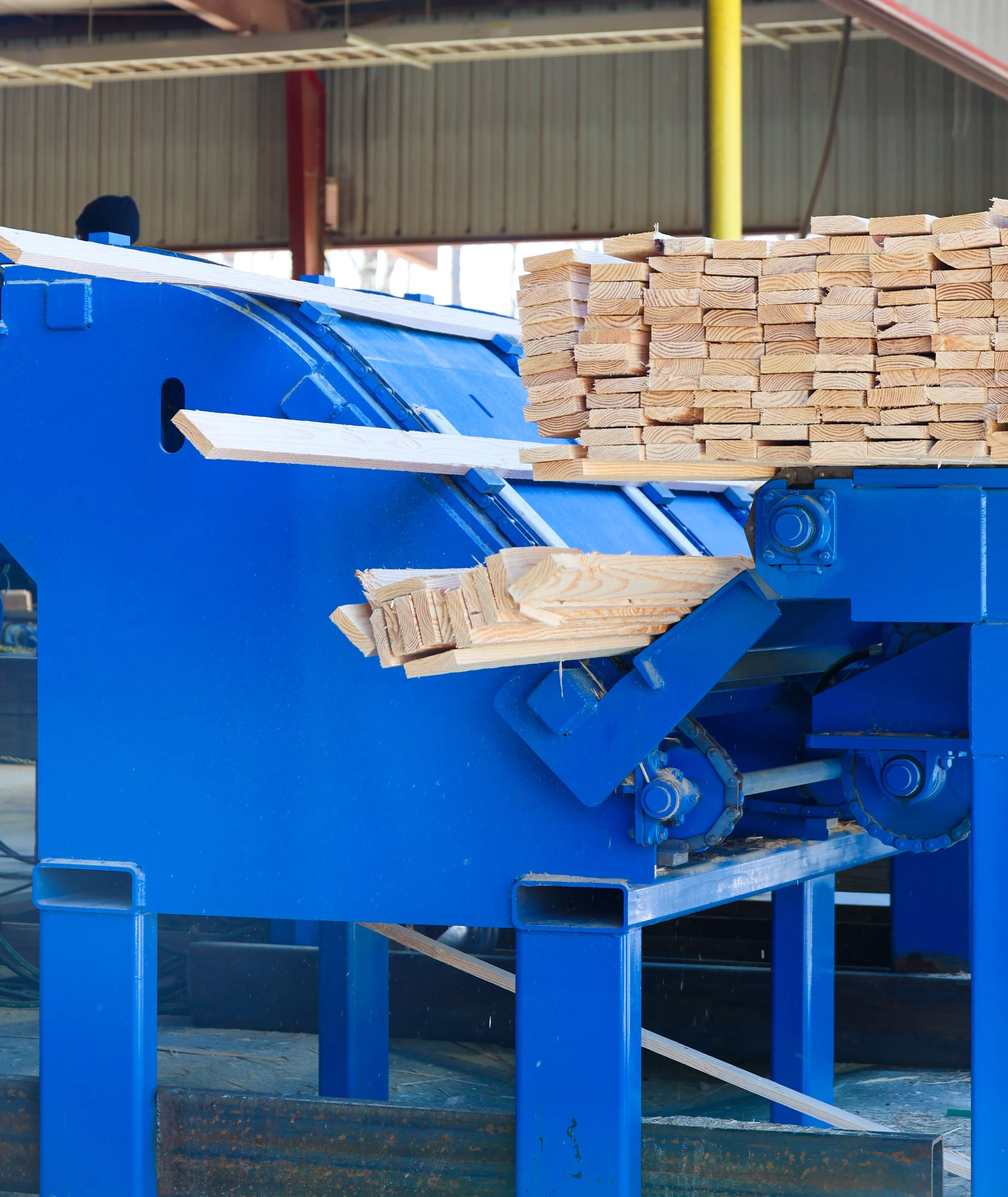 A blue industrial wood processing machine with freshly cut wooden planks stacked on top and partially fed into the machine.