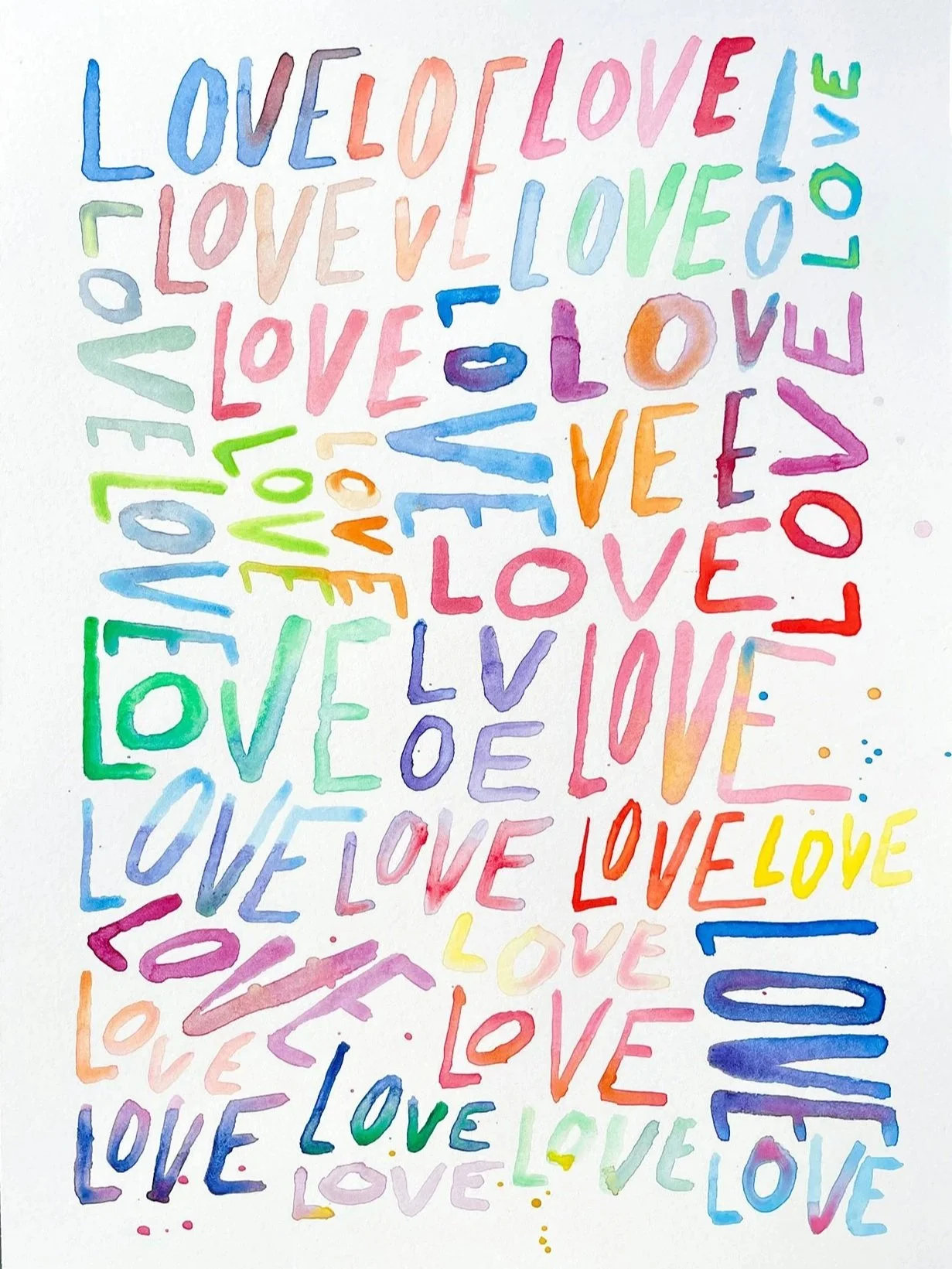 Colorful watercolor painting with the word 'LOVE' written multiple times in various styles and colors across the page.