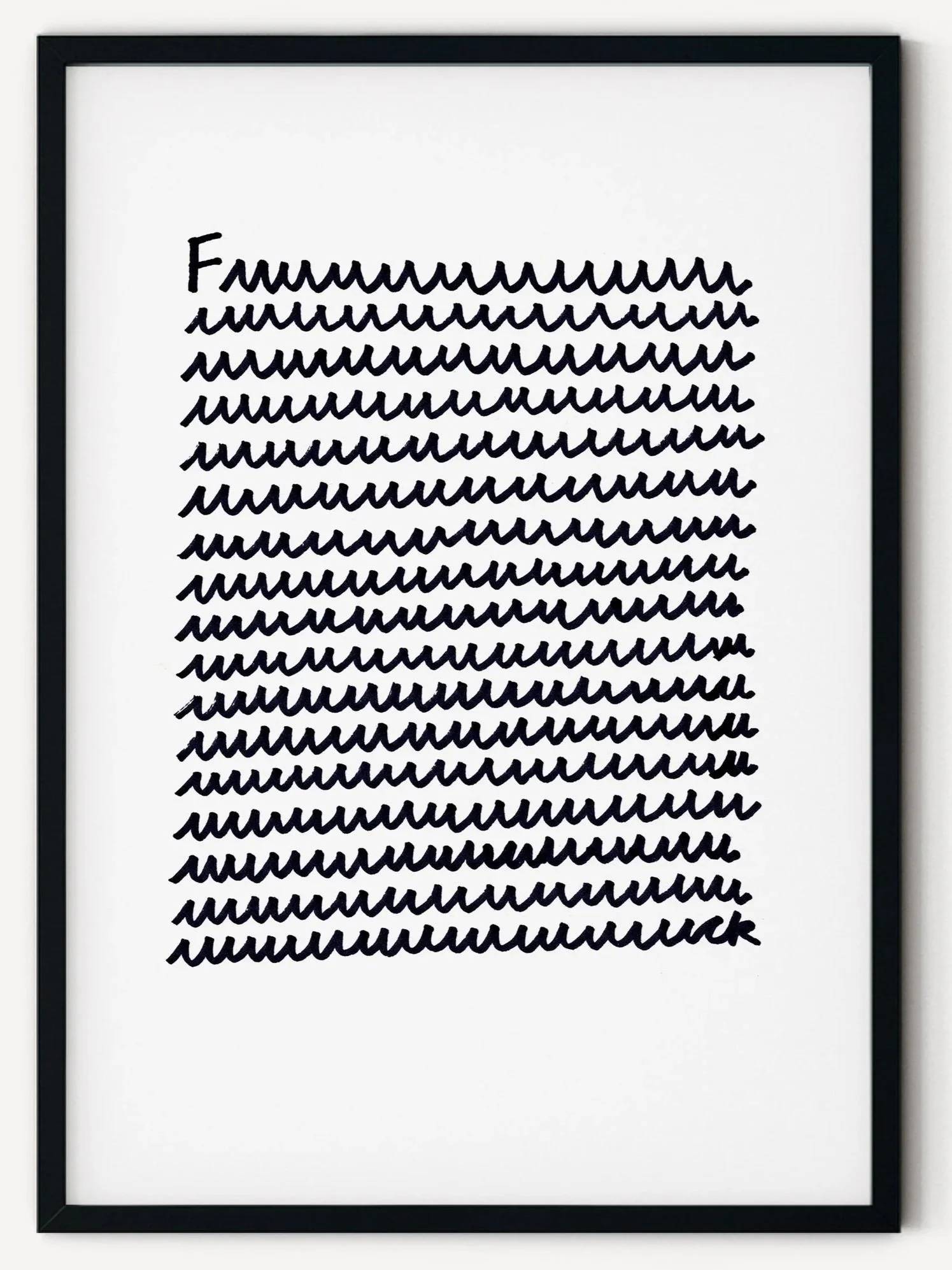 Framed art piece with black handwritten text at the top and a rectangular grid of black squiggly lines on a white background.