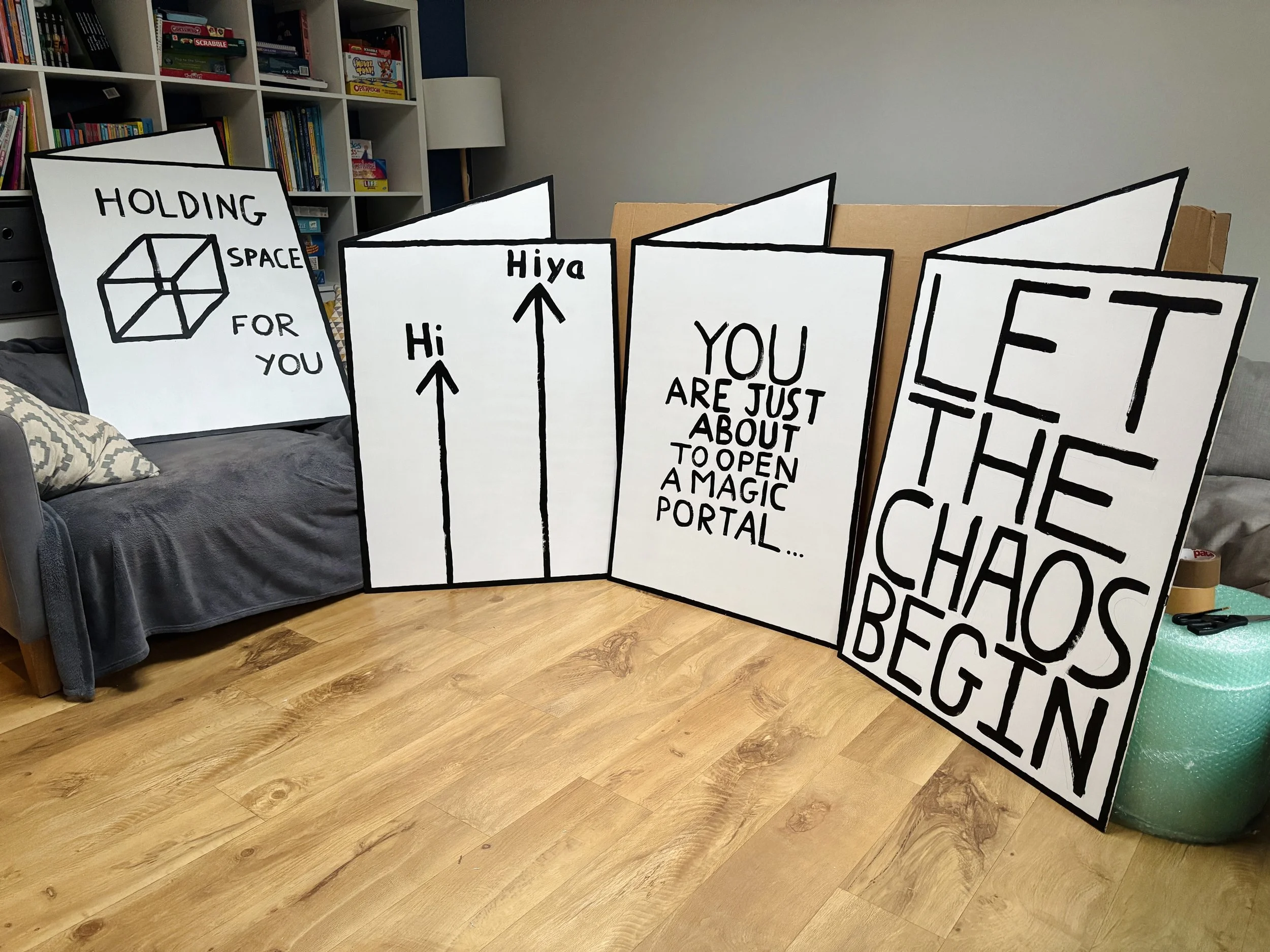 Giant painted plywood cards for Neighbourhood Store, Shoreham-by-Sea