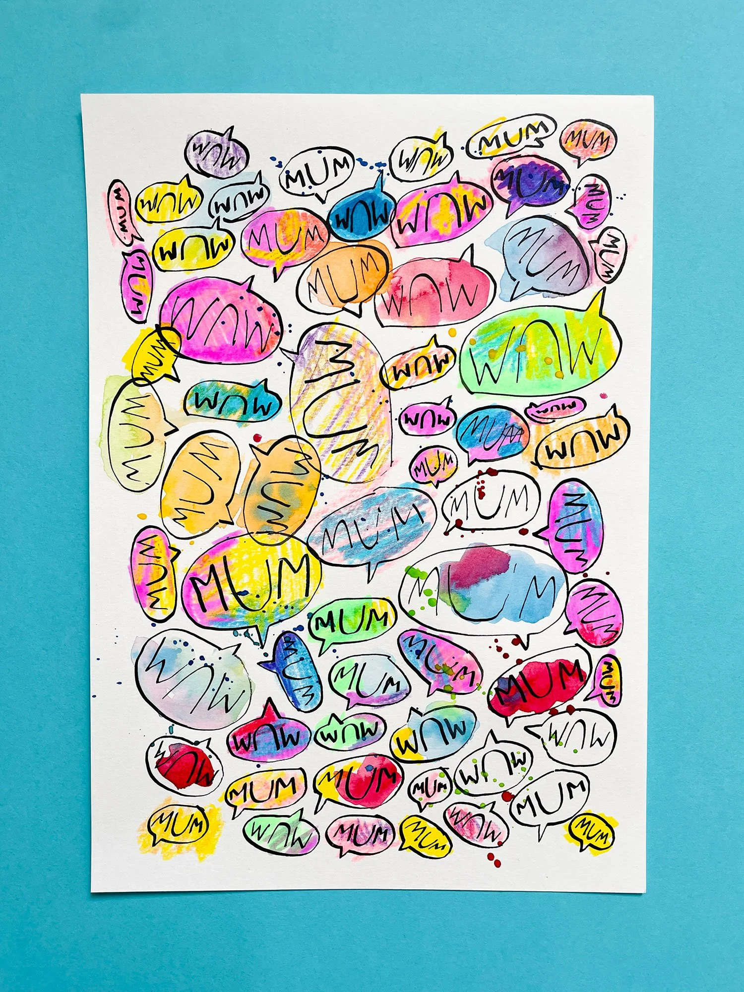 Colorful hand-drawn illustration of speech bubbles containing the word 'MUM' in different colors and styles, arranged on a white sheet of paper with a blue background.