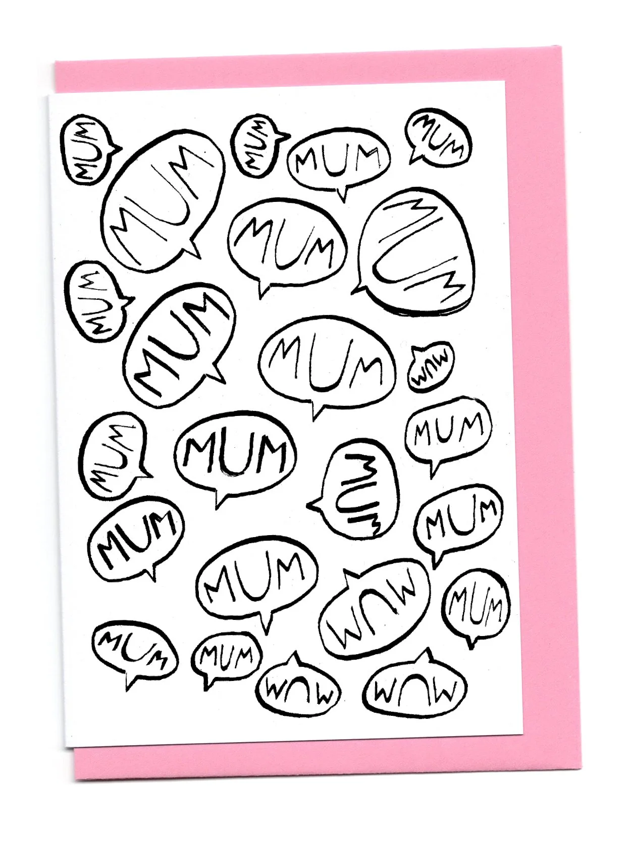 Illustration of multiple speech bubbles with the word "MUM" written inside, on a white background with pink border.