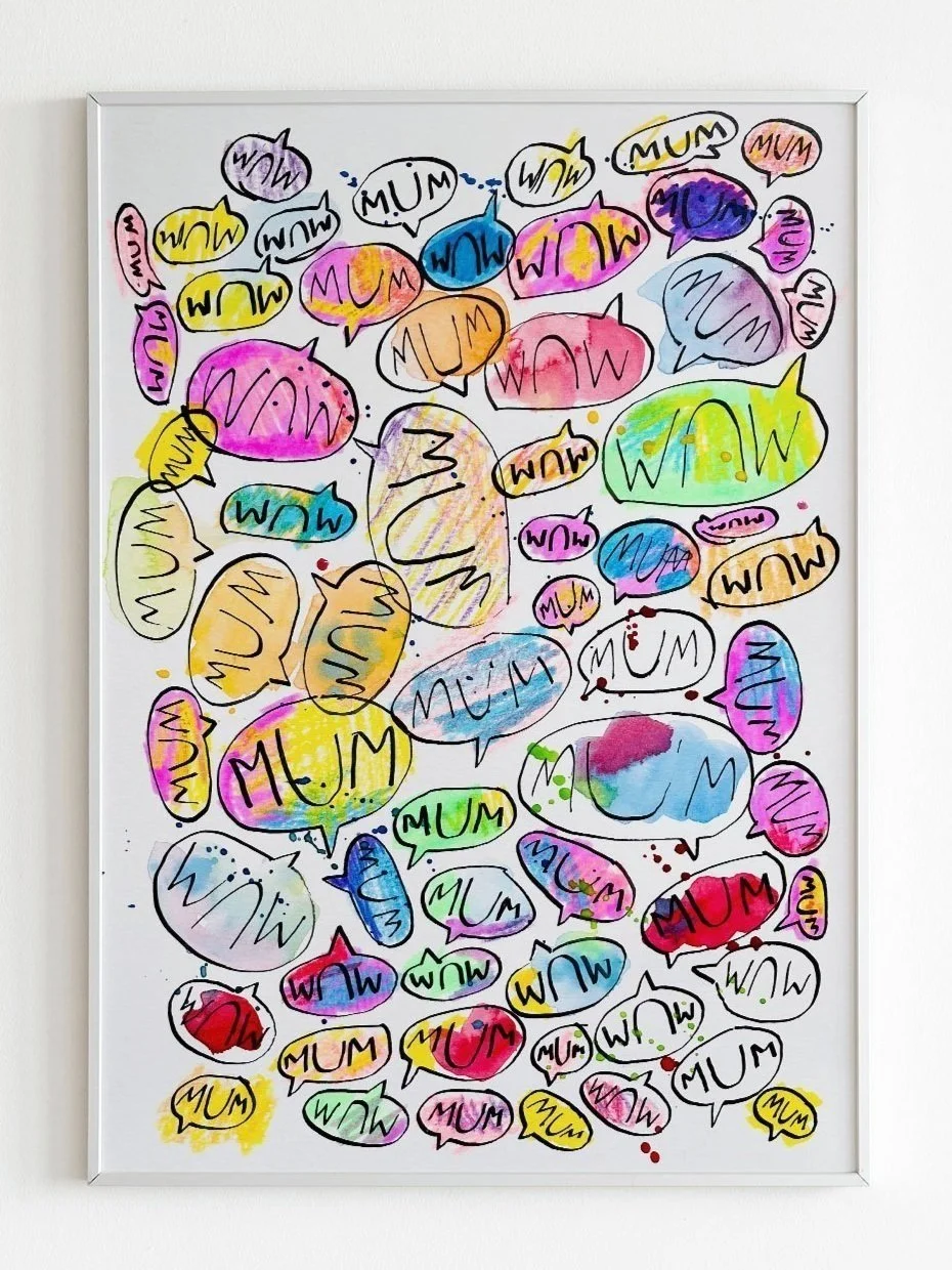 Mum Mum Mum, mixed media on paper
