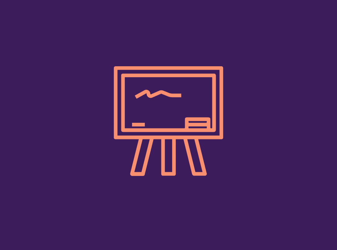 Icon of a document with pie chart, magnifying glass with a line graph, and text lines on a dark purple background.