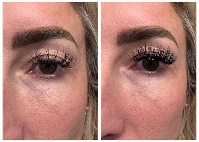 Side-by-side close-up of a woman’s eye showing before and after Lash 911 application—the left eye with sparse extensions and the right eye with fuller, denser lashes.