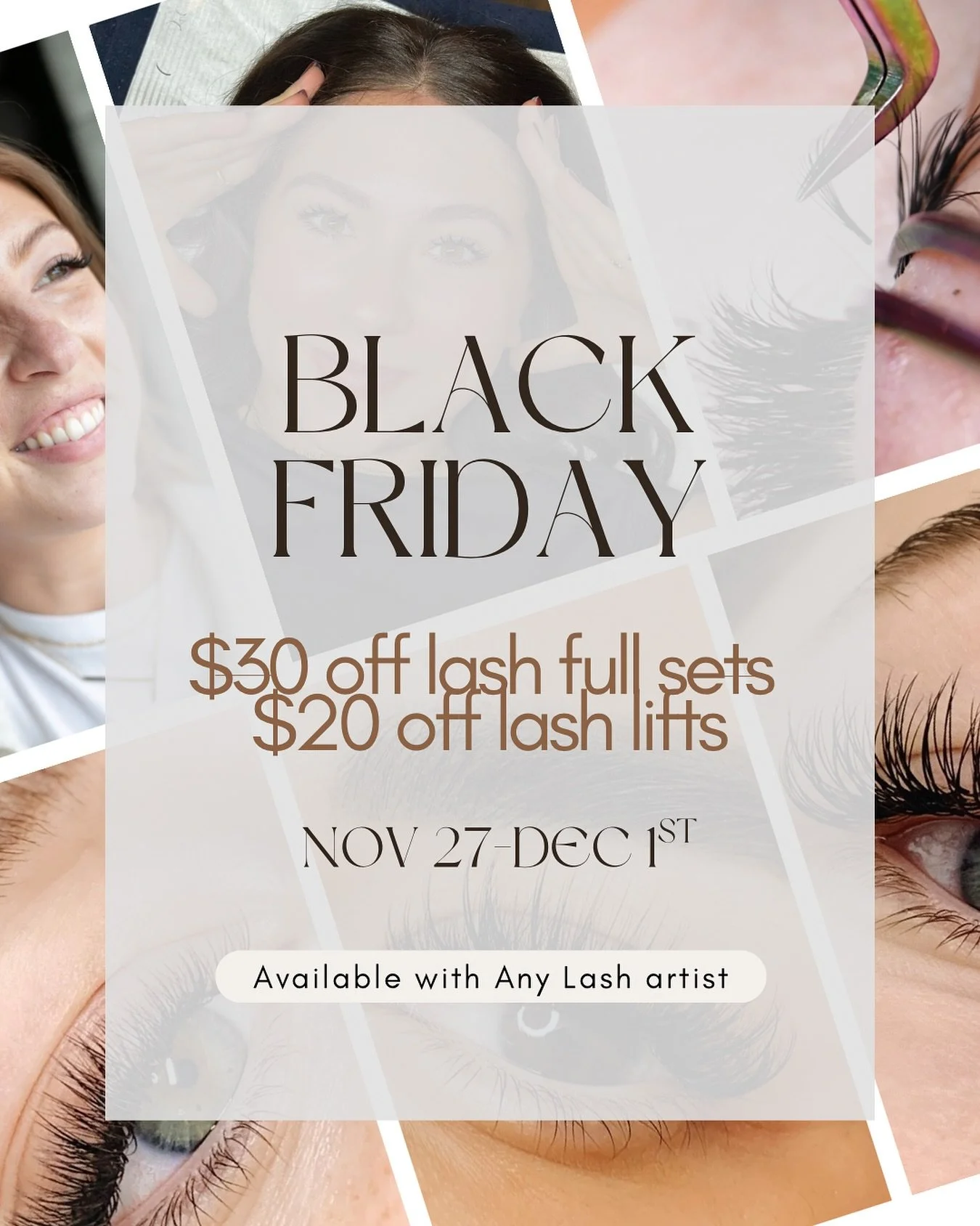 Black Friday just got beautiful 🤩
✨ $30 OFF all full sets
✨ $20 OFF all lash lifts
📅 Nov 27 &ndash; Dec 1 only
Available with any of our lash artists at The Beauty Block.
Snag your spot before they&rsquo;re gone! 💕