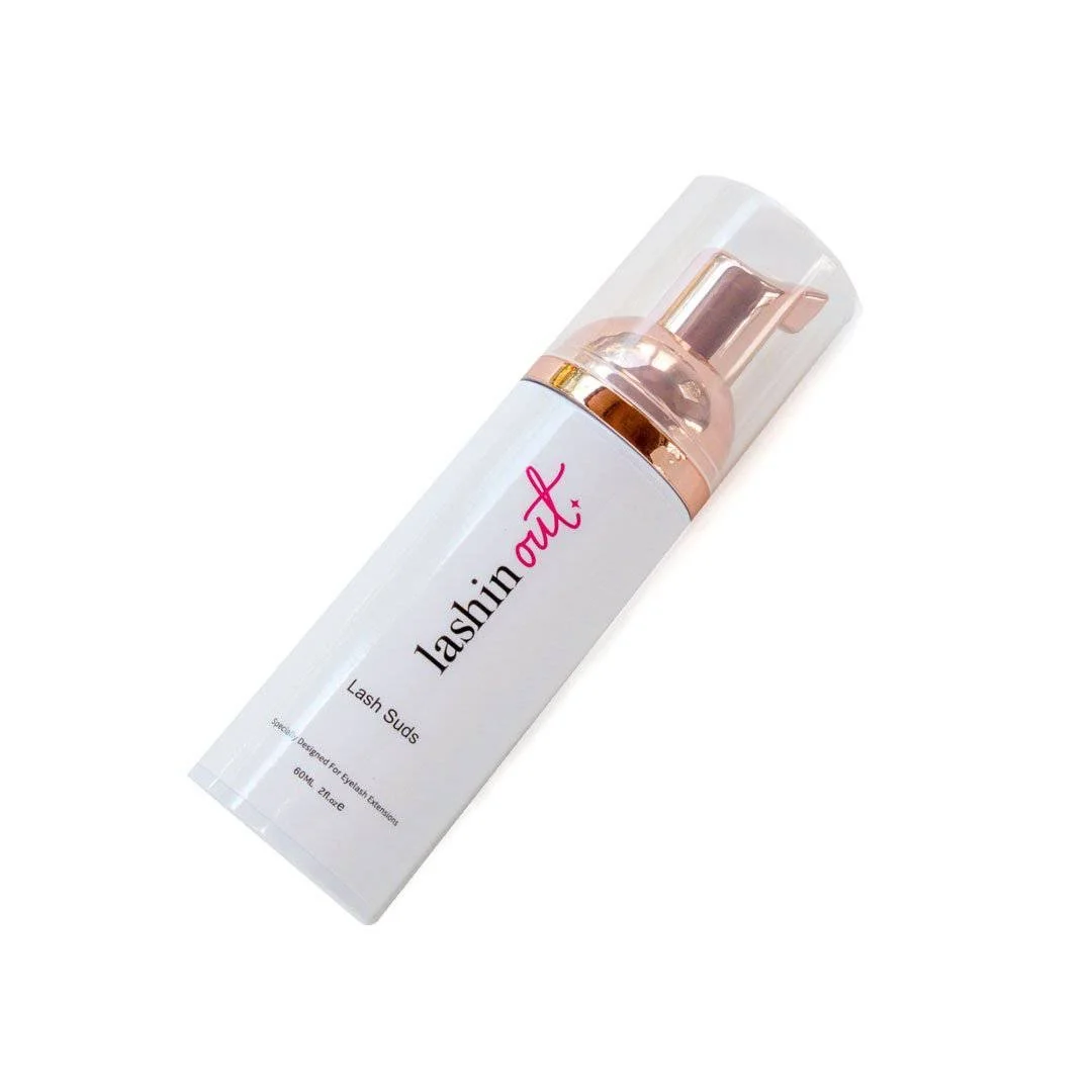 A bottle of Lash Suds from Lashin Out. The bottle is closed with a clear lip on top.