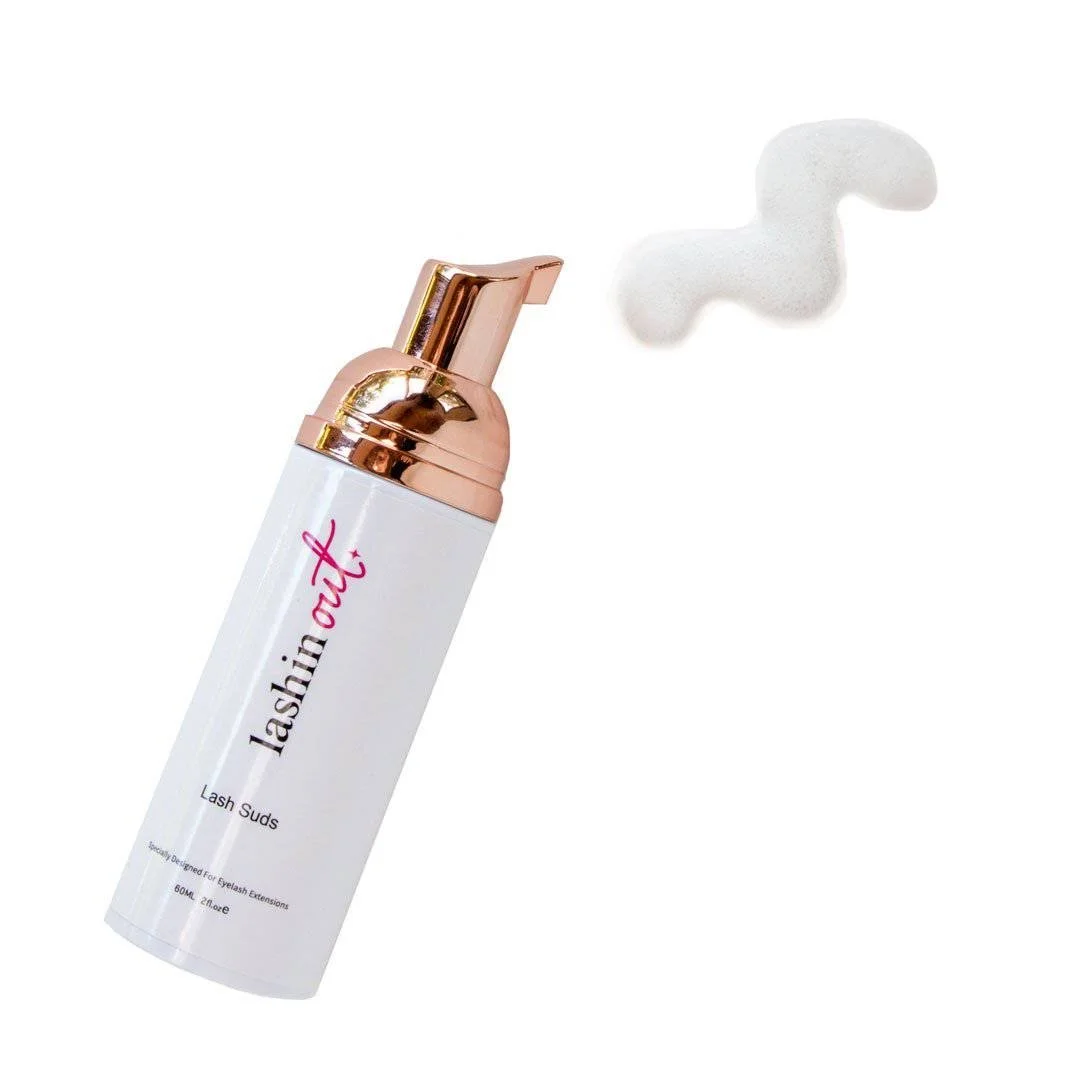 Open bottle of Lash Suds from Lashin Out. There is foam coming out of the nozzle.