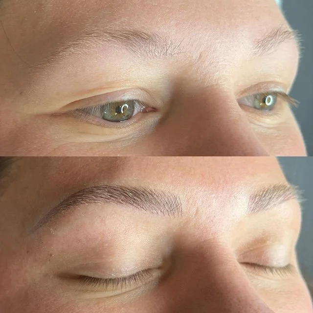Before and after microblading treatment showing sparse natural brows transformed into fuller, defined brows with natural-looking hair strokes.