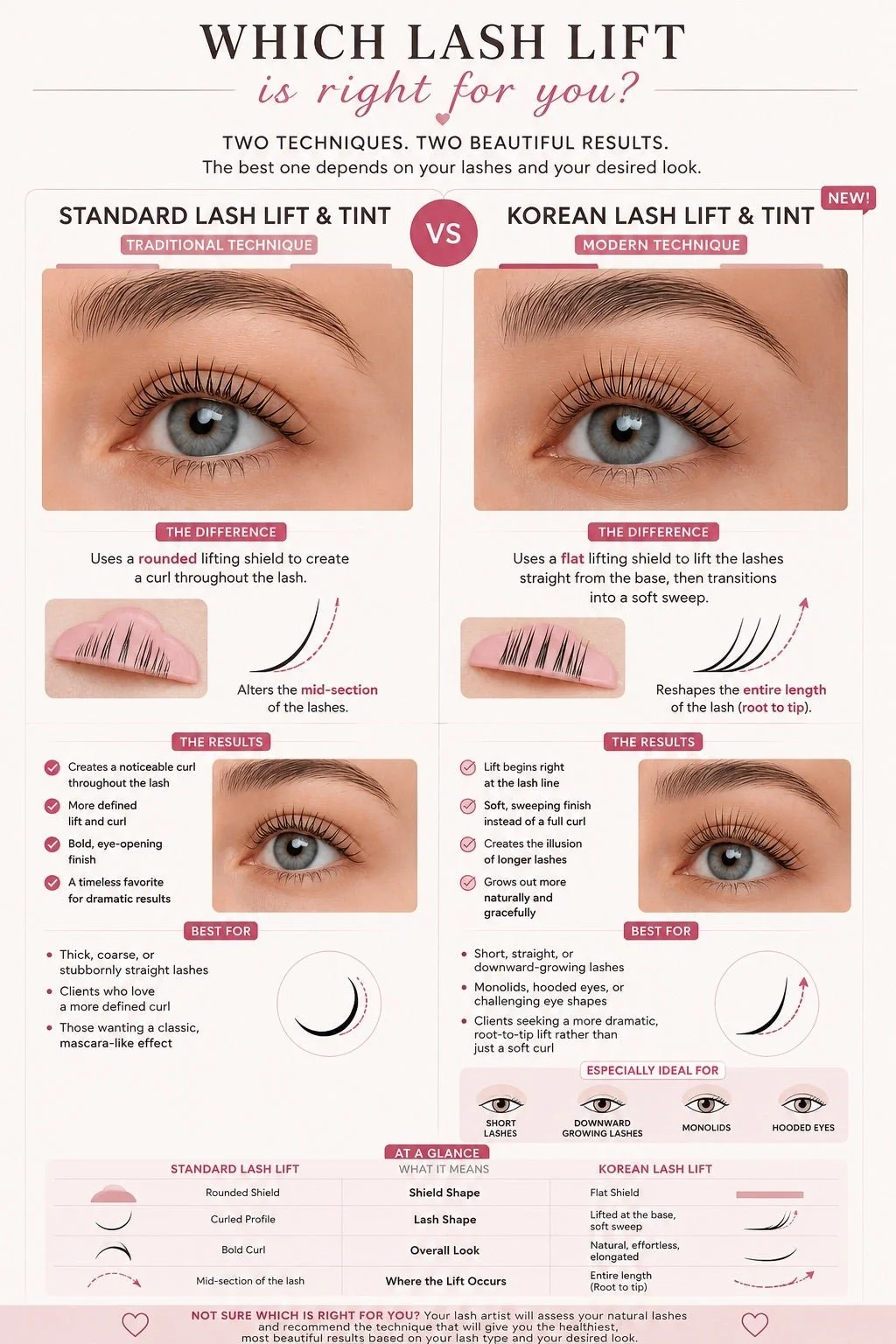 Side-by-side infographic comparing a standard lash lift and tint with a Korean lash lift and tint, including differences in shield shape, curl placement, overall results, and the lash types and eye shapes best suited to each technique.