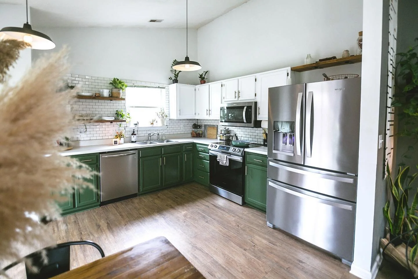 Gave our cabinets a fresh new look that just so happens to tie in all the green from our plants 🌿🙃 I also sometimes forget HOW much this space has changed so I added some of the listing photos from when we bought.