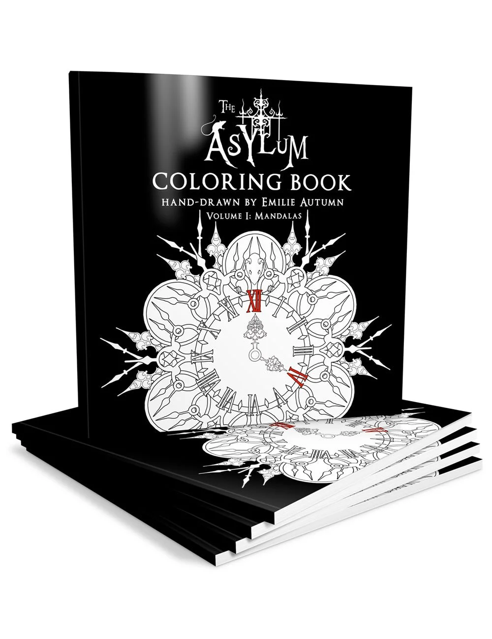 Black coloring book titled "The Asylum" with a clock design on the cover, featuring Roman numerals and ornate detailing, stacked with similar books.