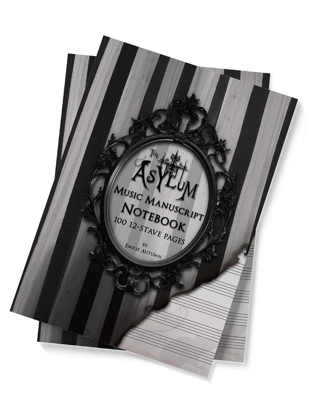 Cover of 'The Asylum Music Manuscript Notebook' with black ornate frame, striped background, and sheet music.