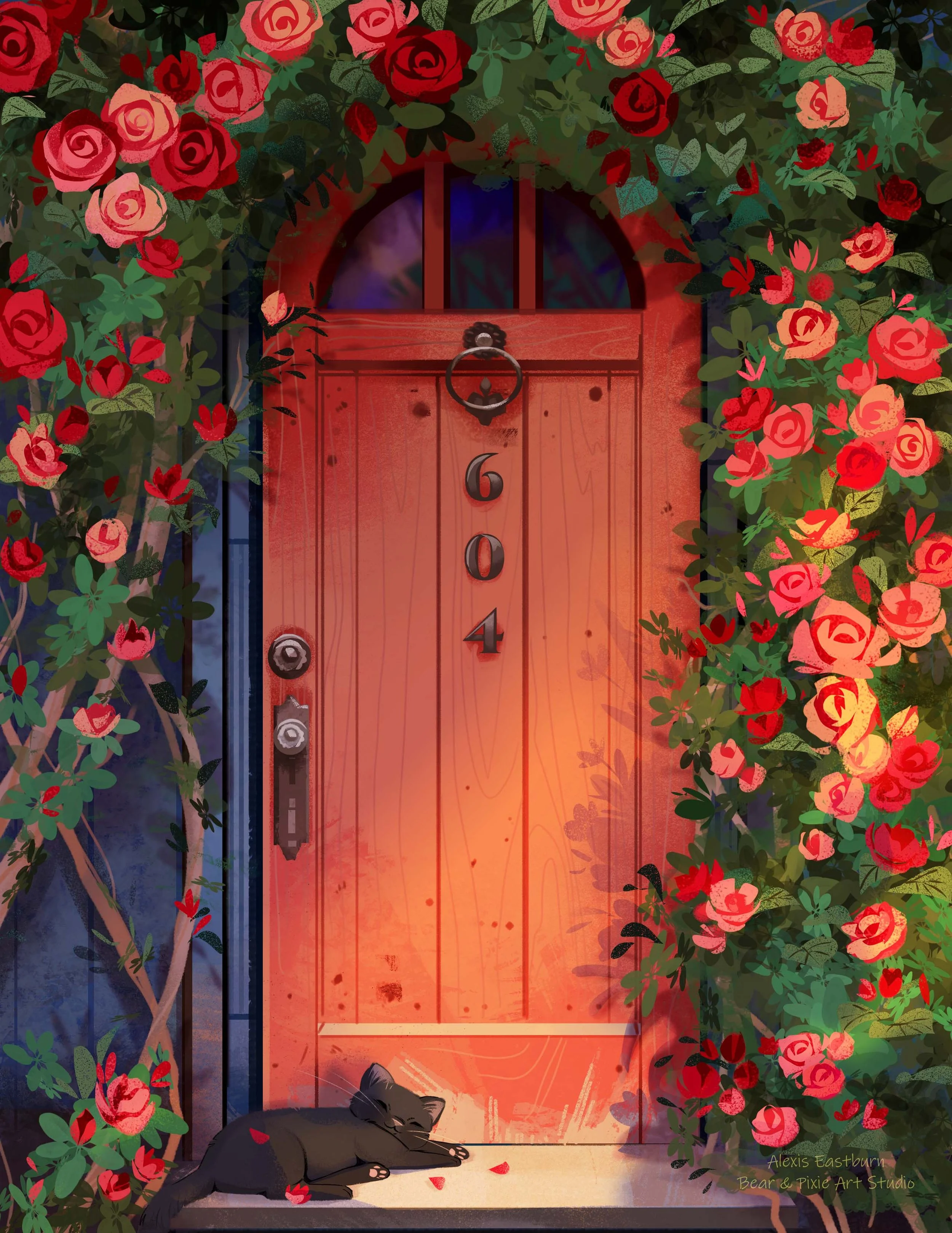 plein air red door and roses-with cat.jpg