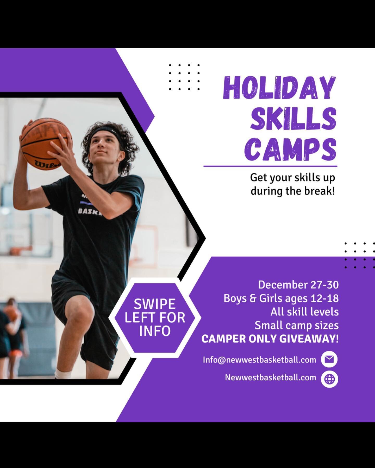 We&rsquo;re excited to host our very first Holiday Skills Camps! 

We will have 2 camps running from December 27-30:
Finishing camp 10AM - 12PM
Shooting camp 12PM - 2PM 

Cost: $150 for 1 camp 

Finishing camp will focus on:
Ball handling &amp; footw