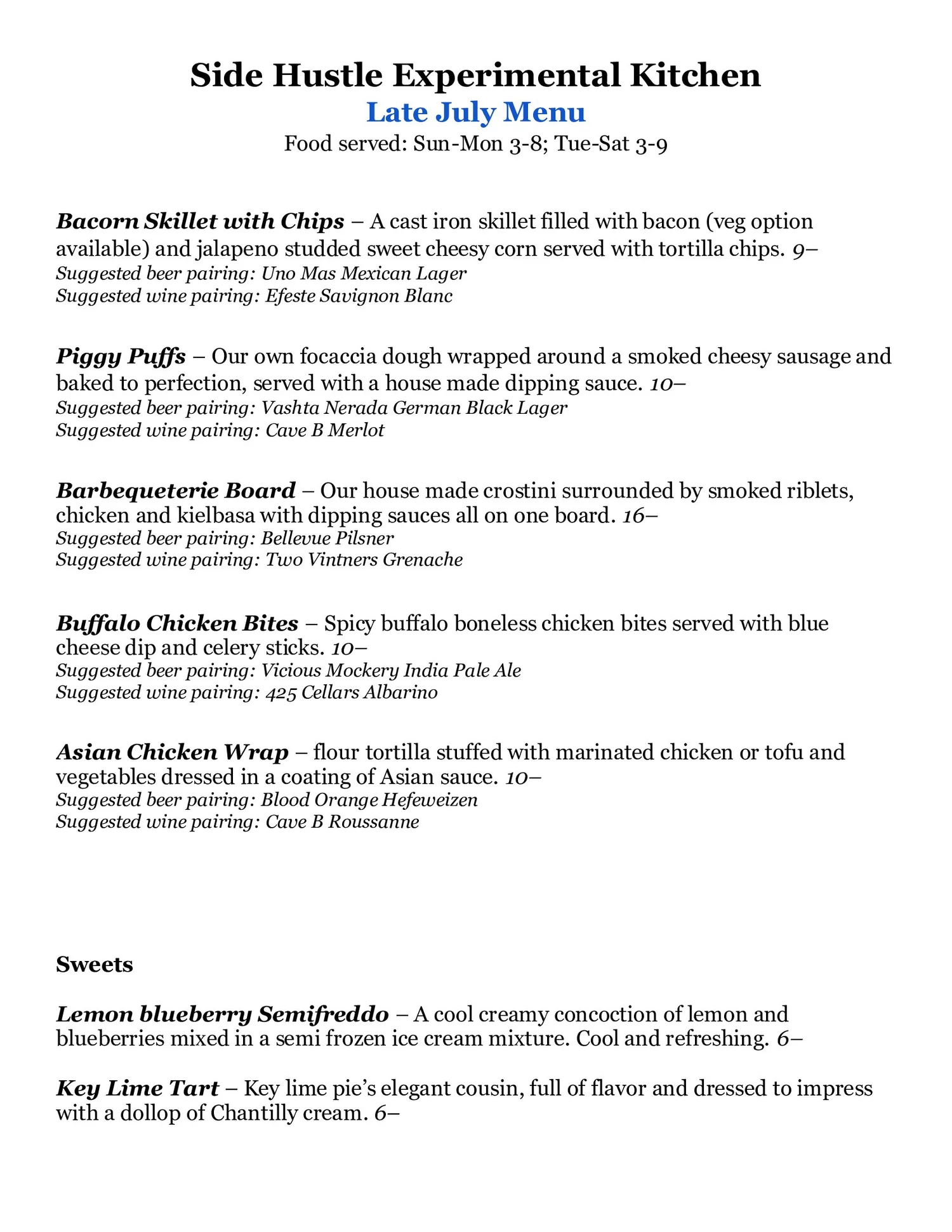 Scratch Kitchen Menu — Side Hustle Taproom & Experimental Kitchen