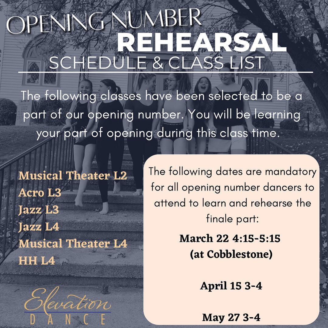 Opening number is starting! Take a look at our practice dates and classes who will be rehearsing for it. (We will not be competing).