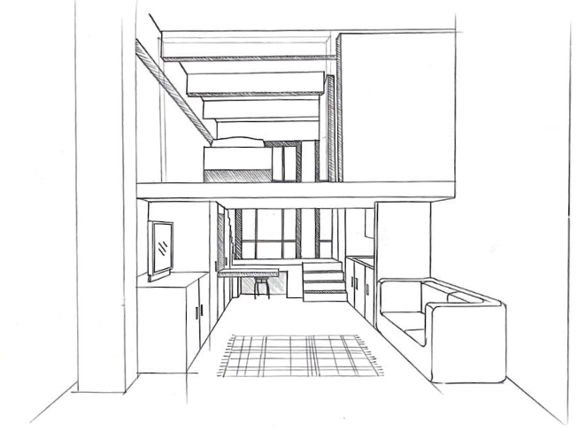 Hand drafted unit perspective from interior architecture studio, Otis, 2025