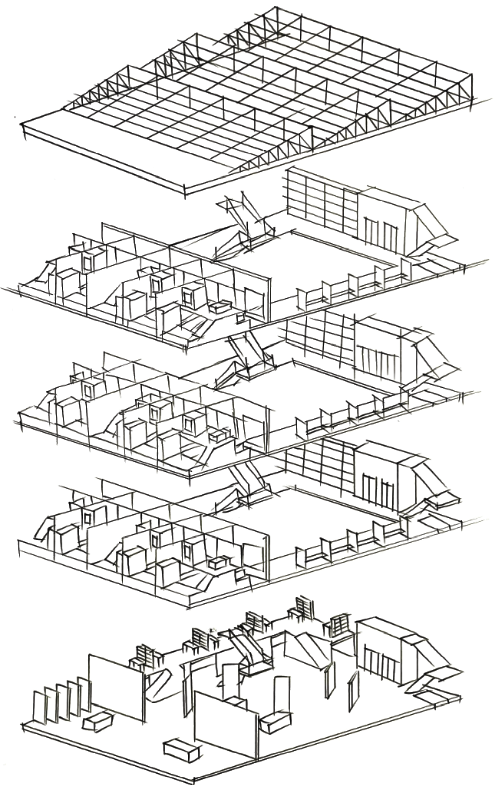 Hand drafted axonometric from interior architecture studio, Otis, 2025