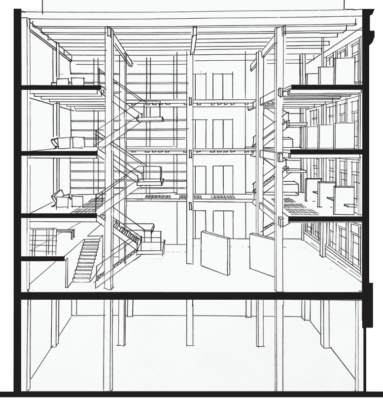 Hand drafted transverse section from interior architecture studio, Otis, 2025