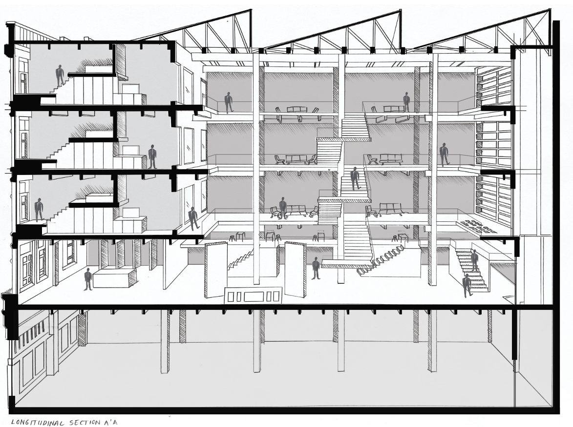 Hand drafted longitudinal section from interior architecture studio, Otis, 2025