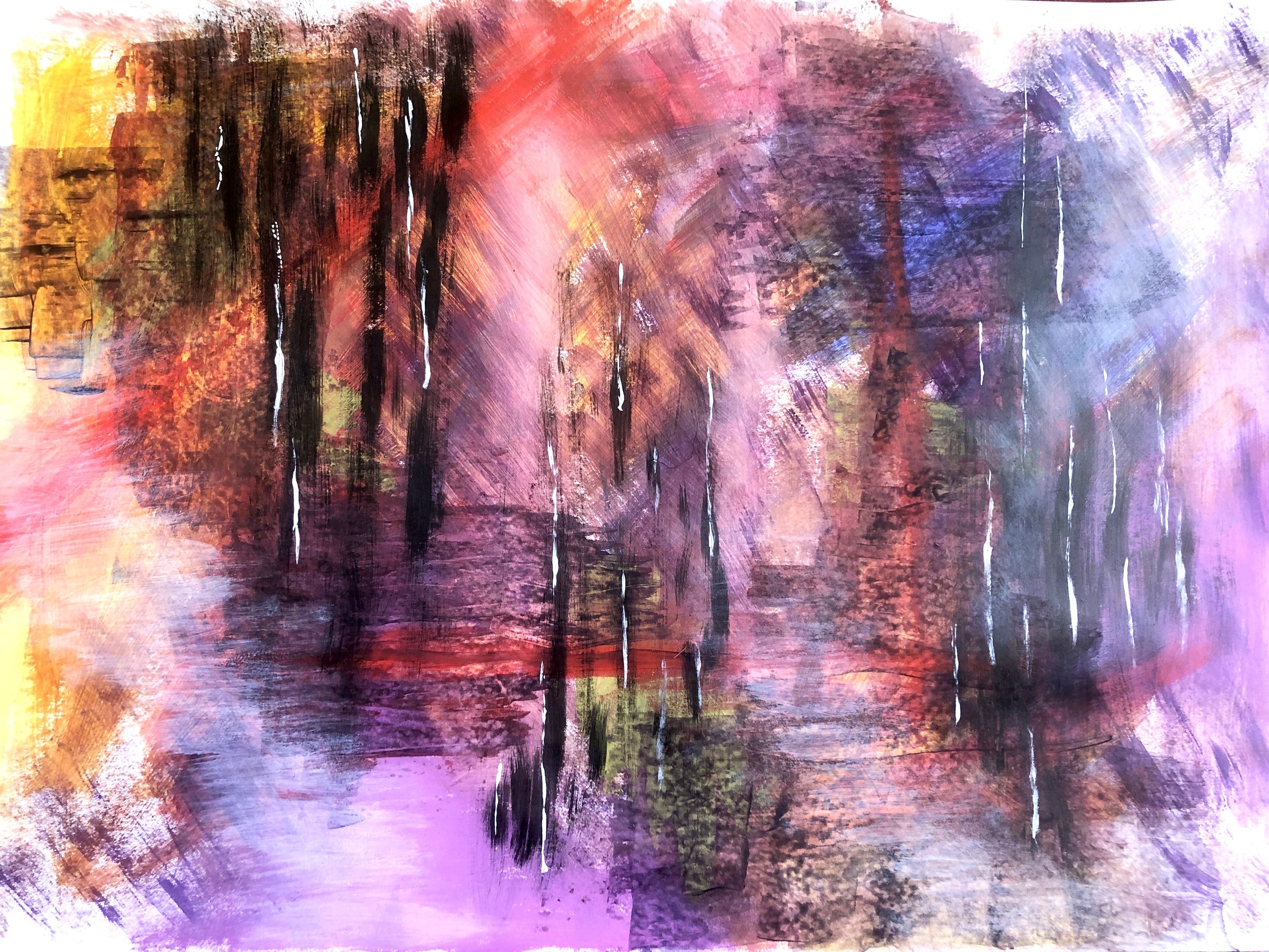 Abstract painting with vibrant colors including pink, purple, red, yellow, orange, black, and hints of green and blue. The composition features bold black drip-like strokes, textured brushwork, and layered hues creating a sense of depth and movement.