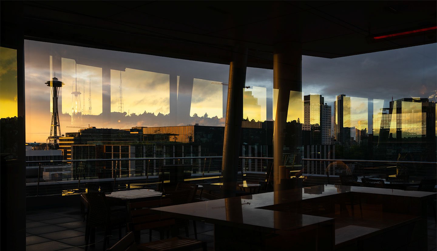 view from rooftop deck overlooking Seattle at South Lake Union