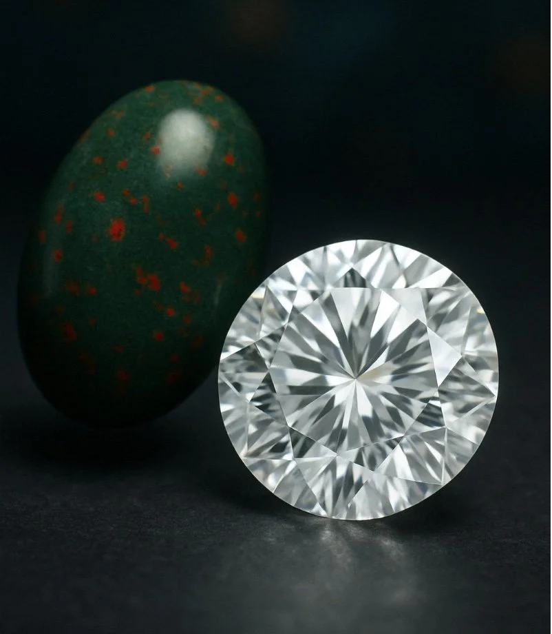 A diamond cut gemstone and a speckled egg-shaped mineral on a black background.