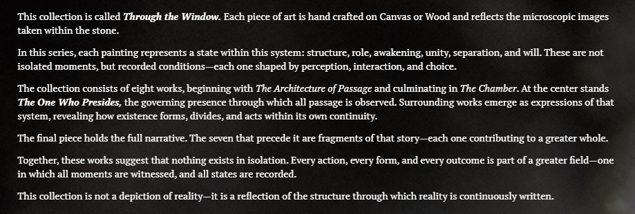 Text describing an art collection titled "Through the Window," with each artwork reflecting microscopic images within a stone, representing states of a system, and emphasizing interconnectedness and underlying reality.
