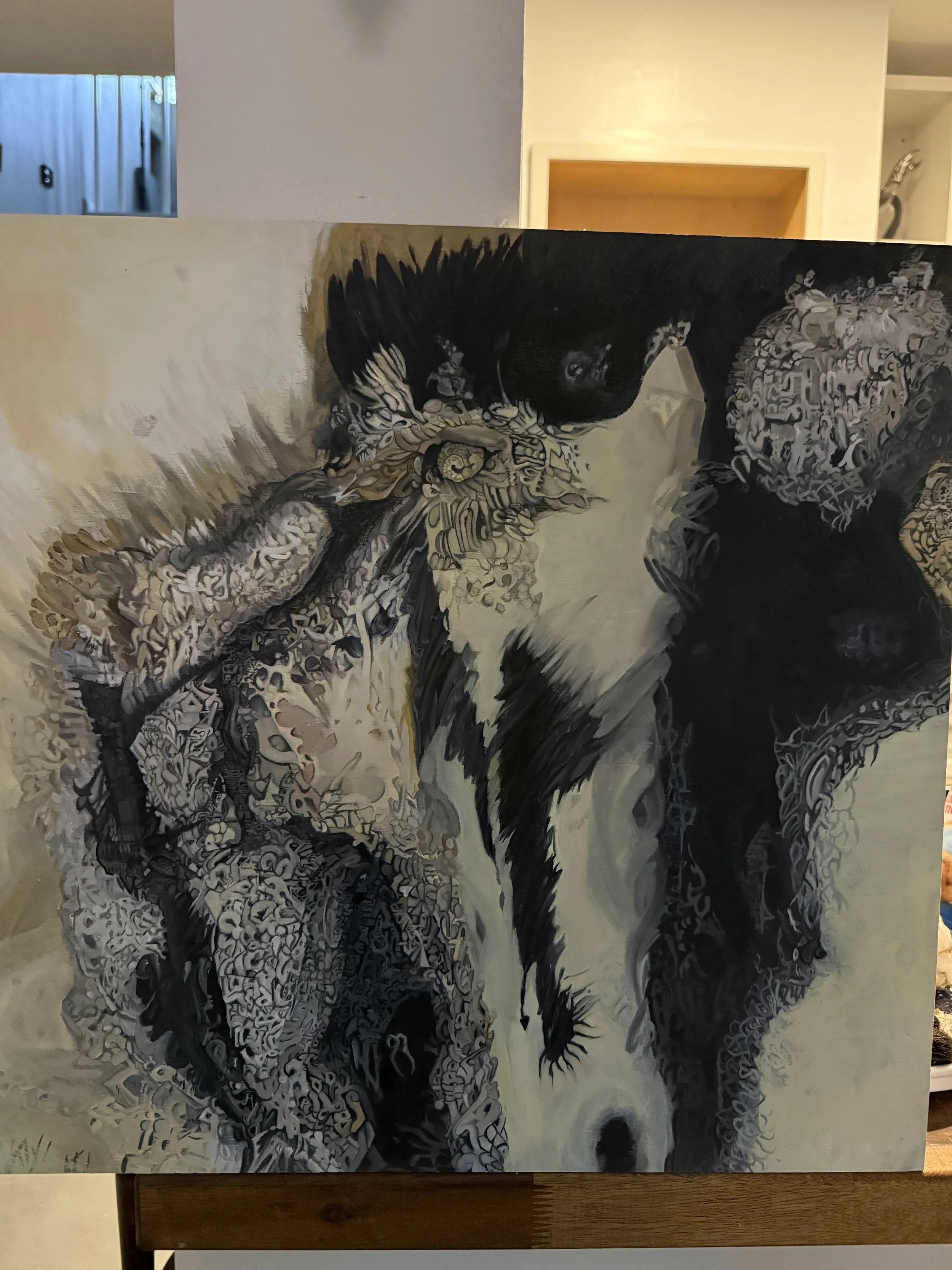 A black and white painting of a dog with intricate patterns, featuring the dog's face and head with detailed fur and expressive eyes.