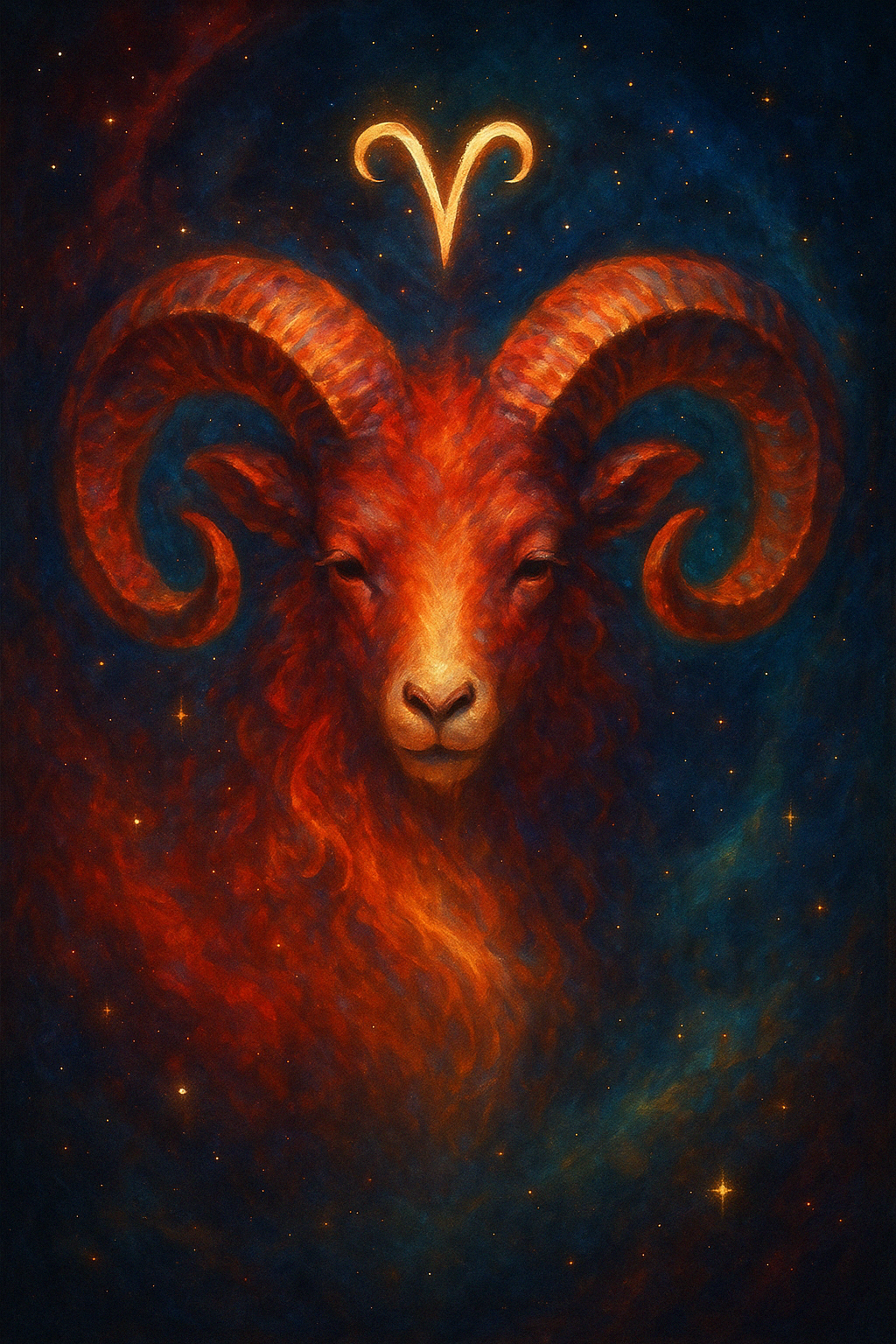 A fantasy painting of a glowing red ram with large curled horns and a starry cosmic background, featuring the Aries zodiac symbol above its head.