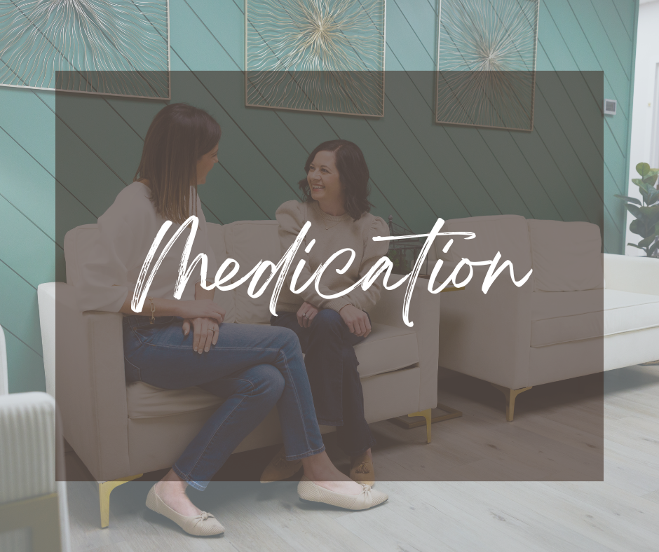 Owners stephanie and veronica sit on chairs in the merit lobby with "medication" overlaid on top