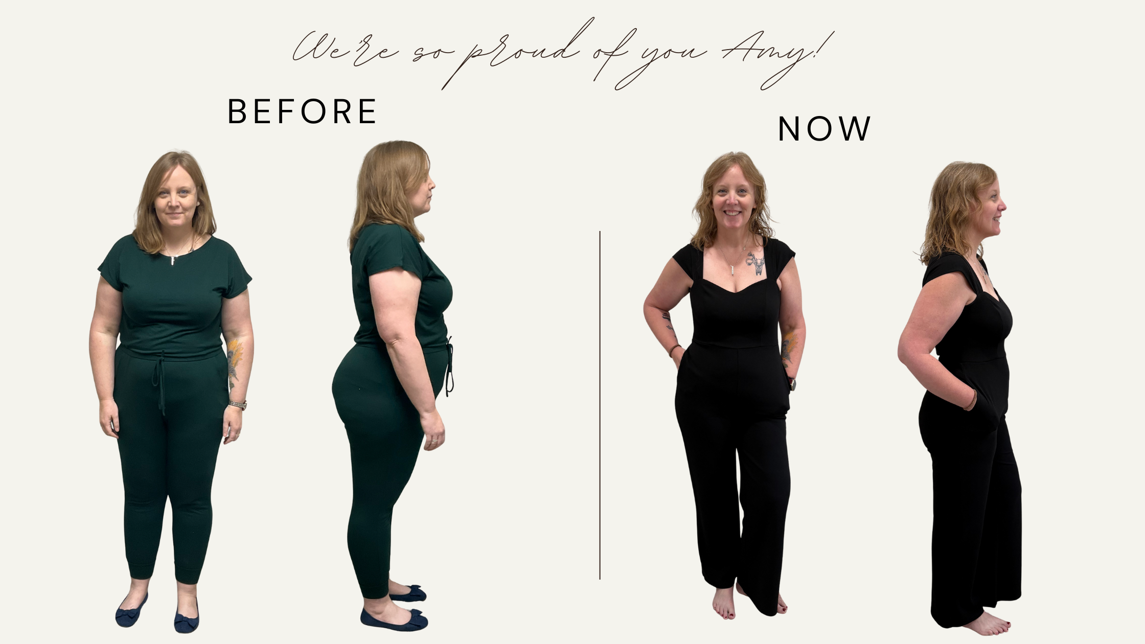 Before-and-after photos showing a woman’s significant weight-loss and body-composition transformation through the Merit Weight Loss medical weight-loss program.