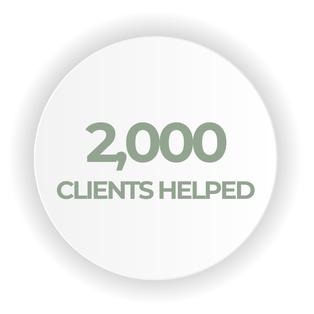 A circle with "2,000 clients helped" in green