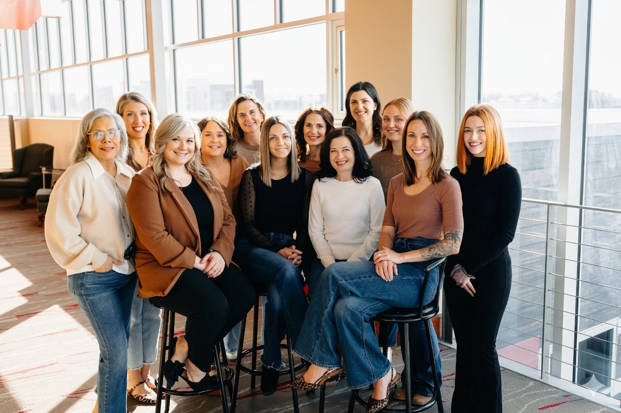 The Merit Ladies in a brightly lit room with a few on stools and the rest standing for a group picture