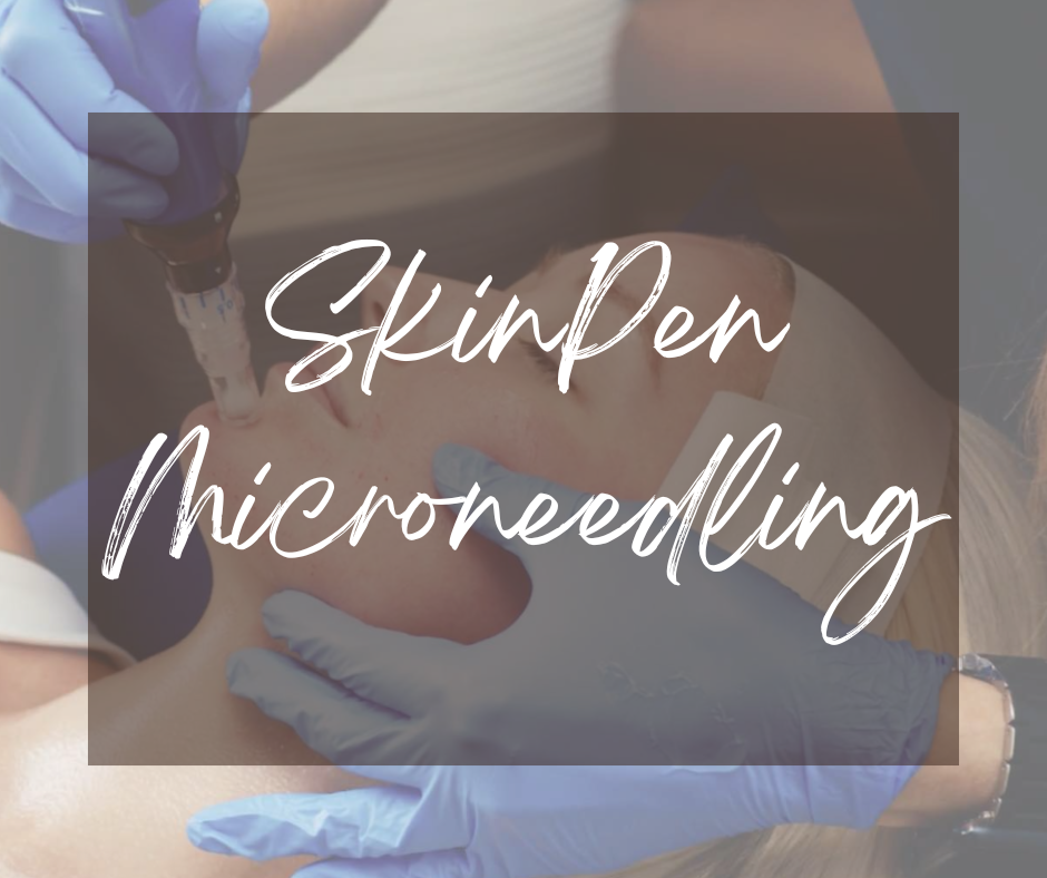 A woman receiving SkinPen microneedling on her chin with "skinpen microneedling" overlaid on the top