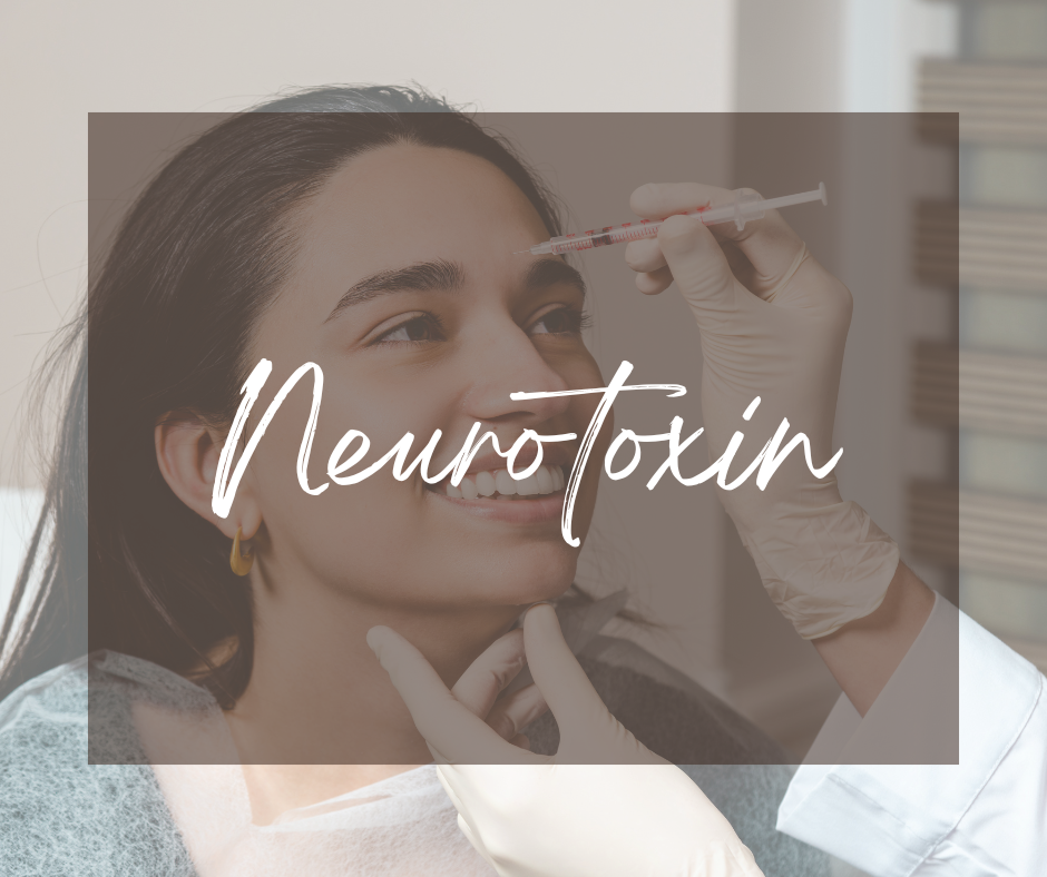 A woman receiving a botox injection in the forehead is smiling with "neurotoxin" laid over the top.