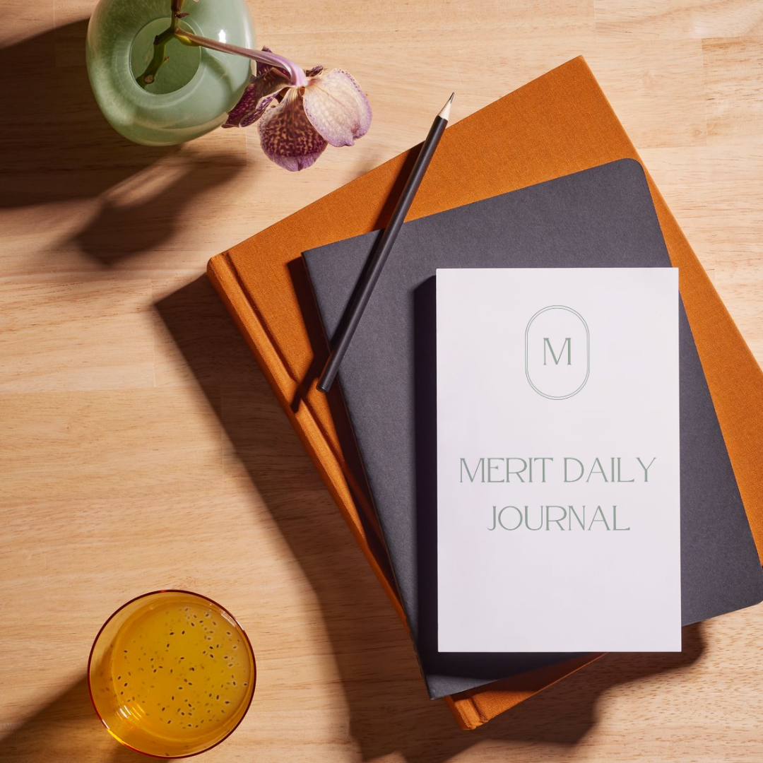The merit daily journal on top of a desk and other books