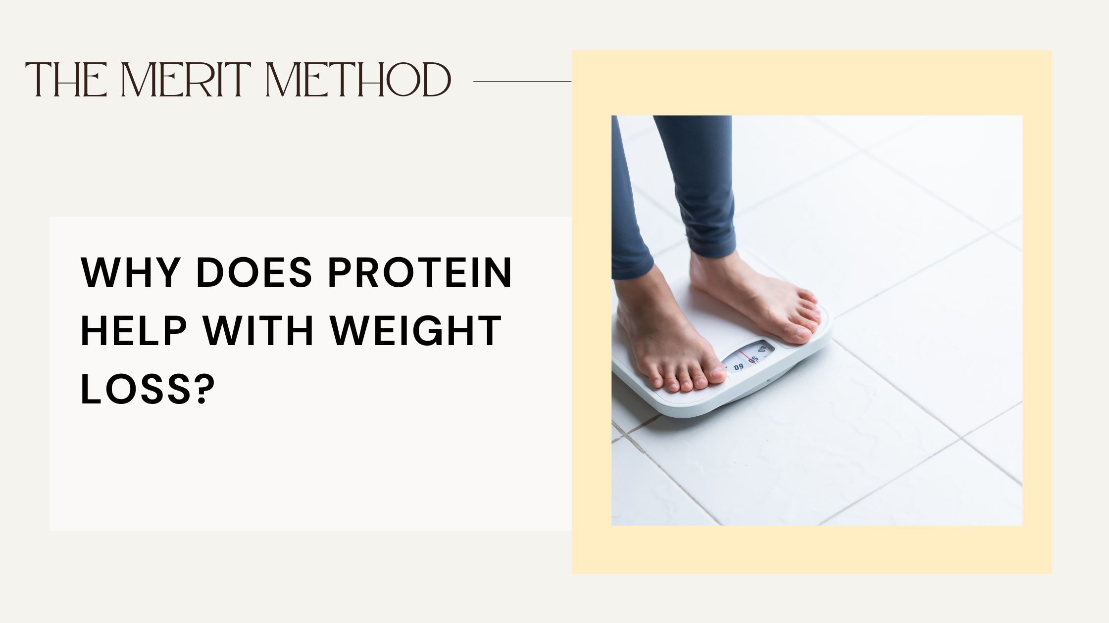 Banner Head for Merit Method Blog "Why Does Protein Help with Weight Loss" and someone weighing themself on a scale