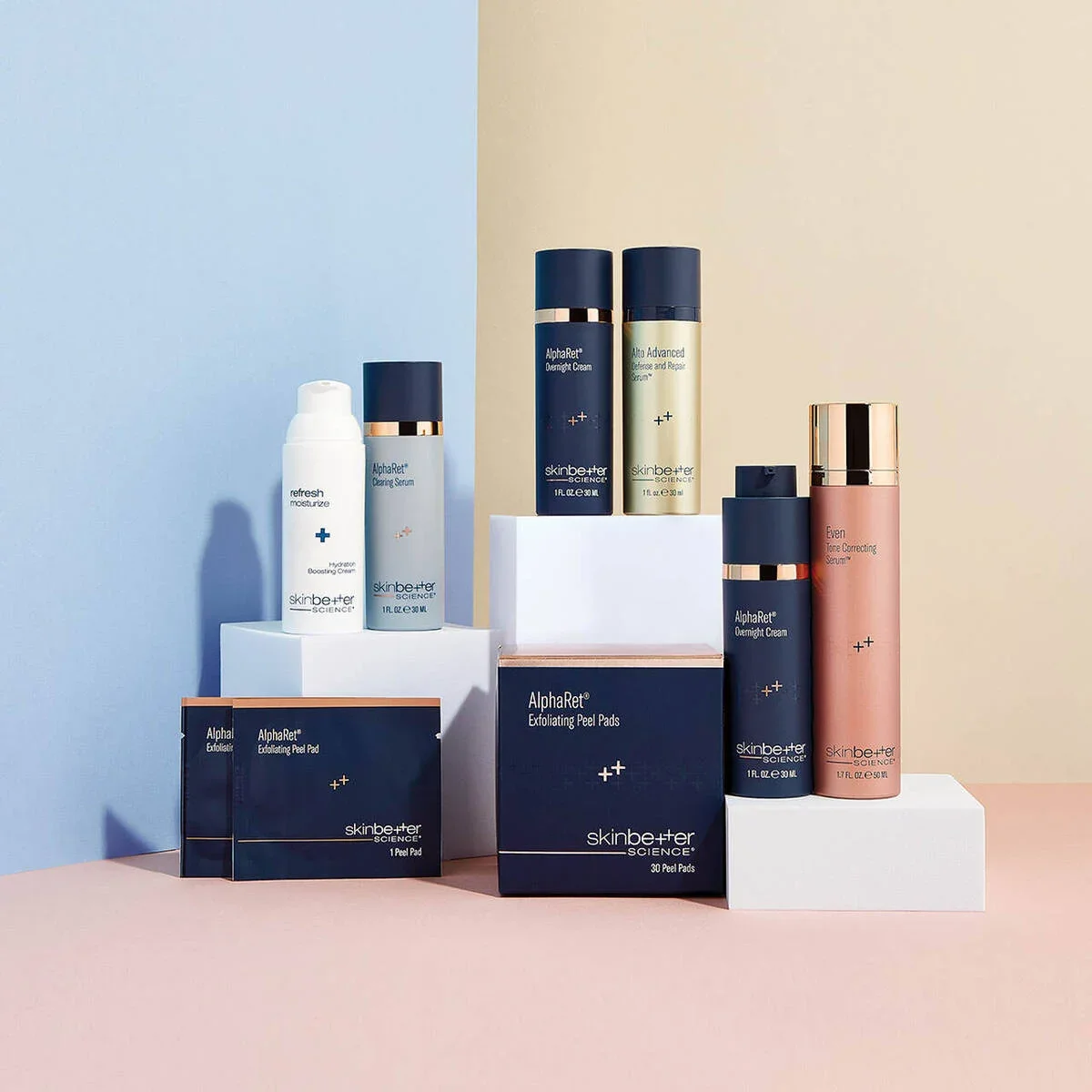 8 skinbetter Skincare products arranged in a professional way for a product photo against a colorful mixed background