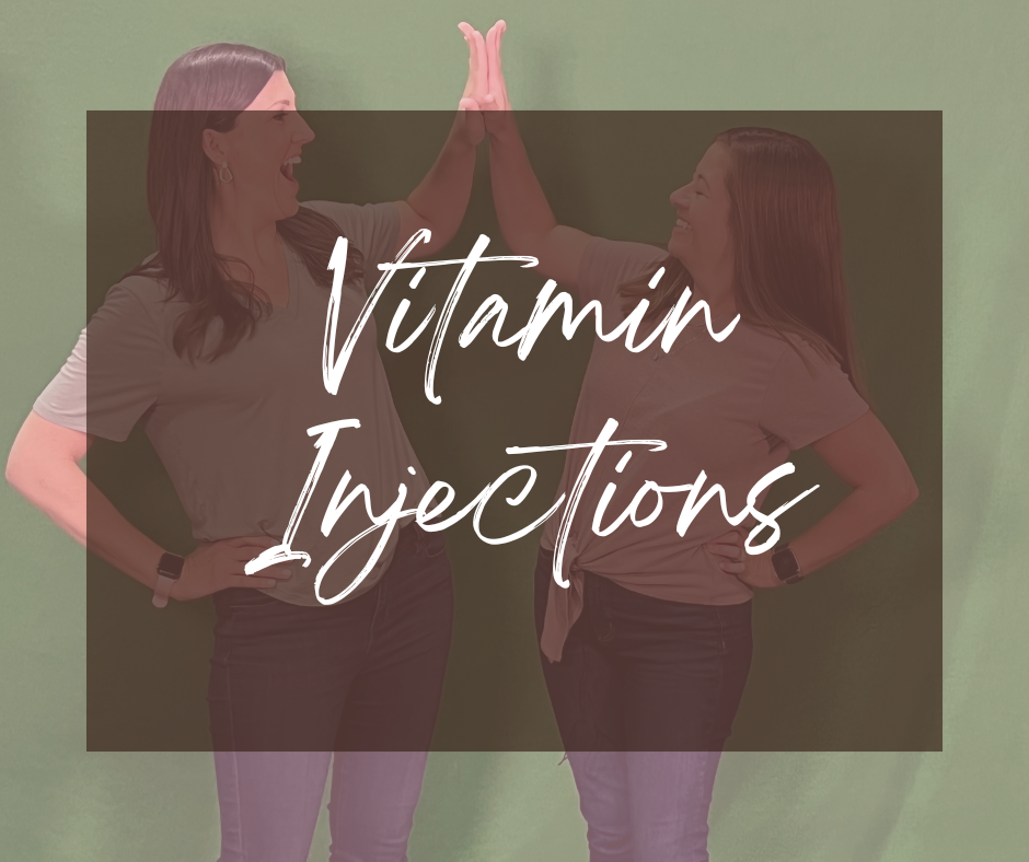 Veronica & Stephanie the owners high fiving with "Vitamin Injections" overlaid on the top