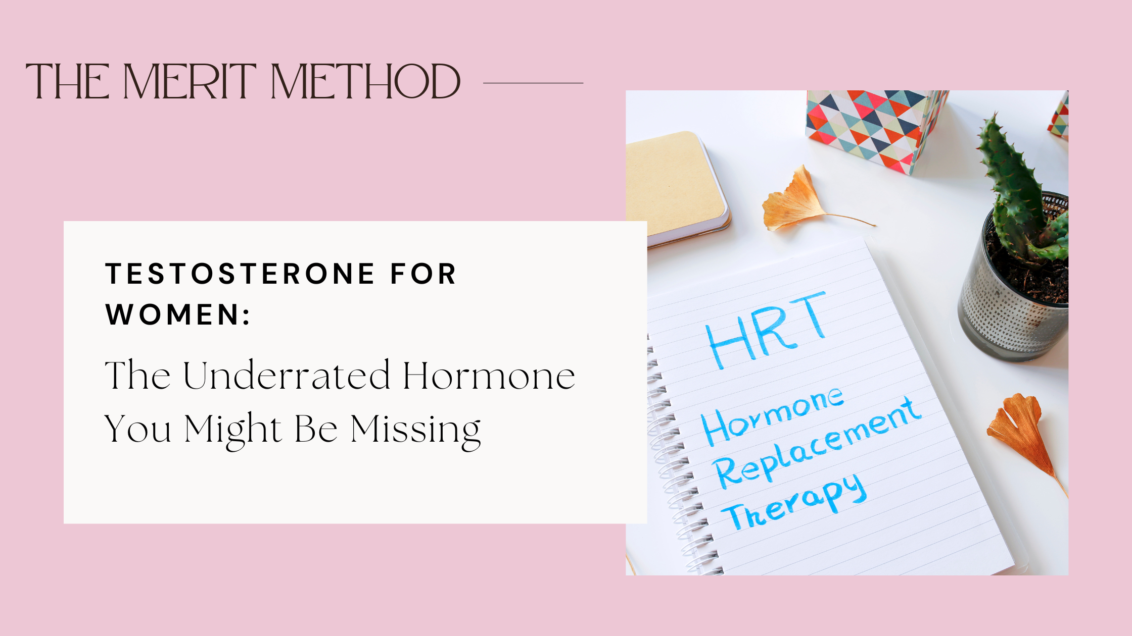 Merit Method infographic: Testosterone for Women – The Underrated Hormone in HRT, with pink background, blue-labeled yellow notebook, succulent plant, and autumn leaf.