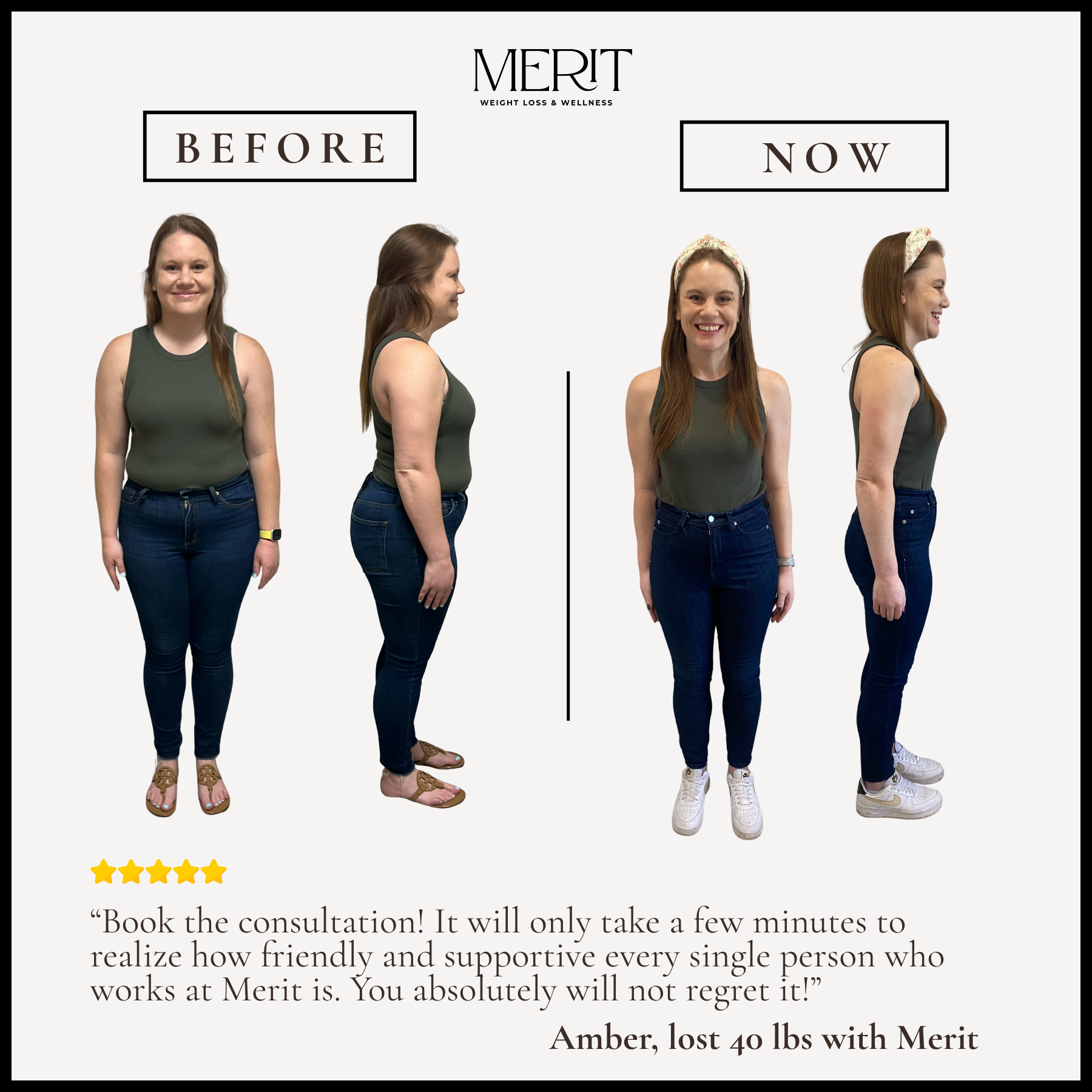 Before & After Pictures of Amber after losing weight with merit weight loss and wellness